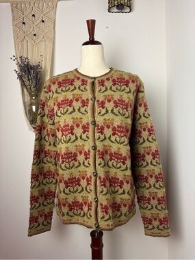 Talbots Floral Fair Isle Cardigan in Red, Olive, and Cream